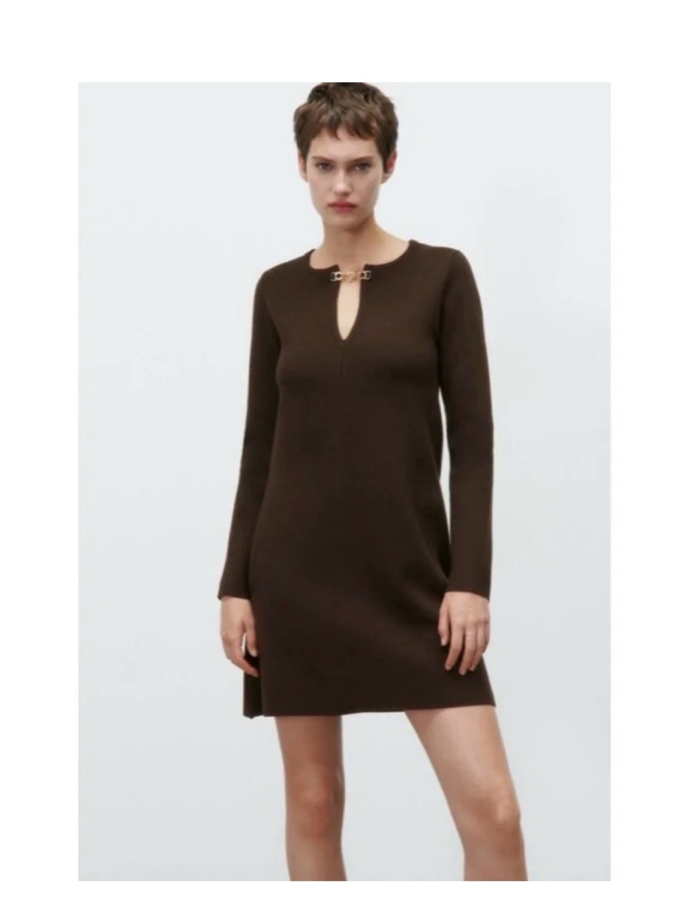 Zara Brown Long-Sleeve Knit Dress with Keyhole Detail